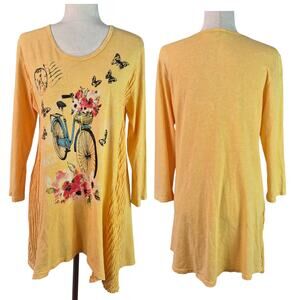 Jess & Jane USA Yellow Blue Pink Butterflies Bicycle Tunic Top Dress Shirt S